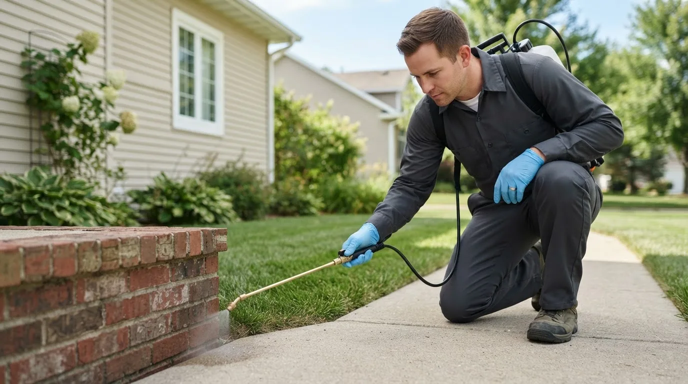 Pest control technician treating a home near Eads, CO